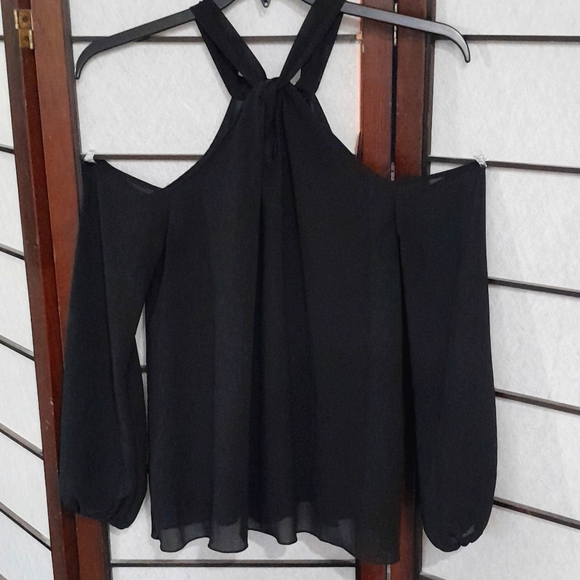 Women's Medium Black Cold Shoulder Halter Neck Blouse - Picture 2 of 6